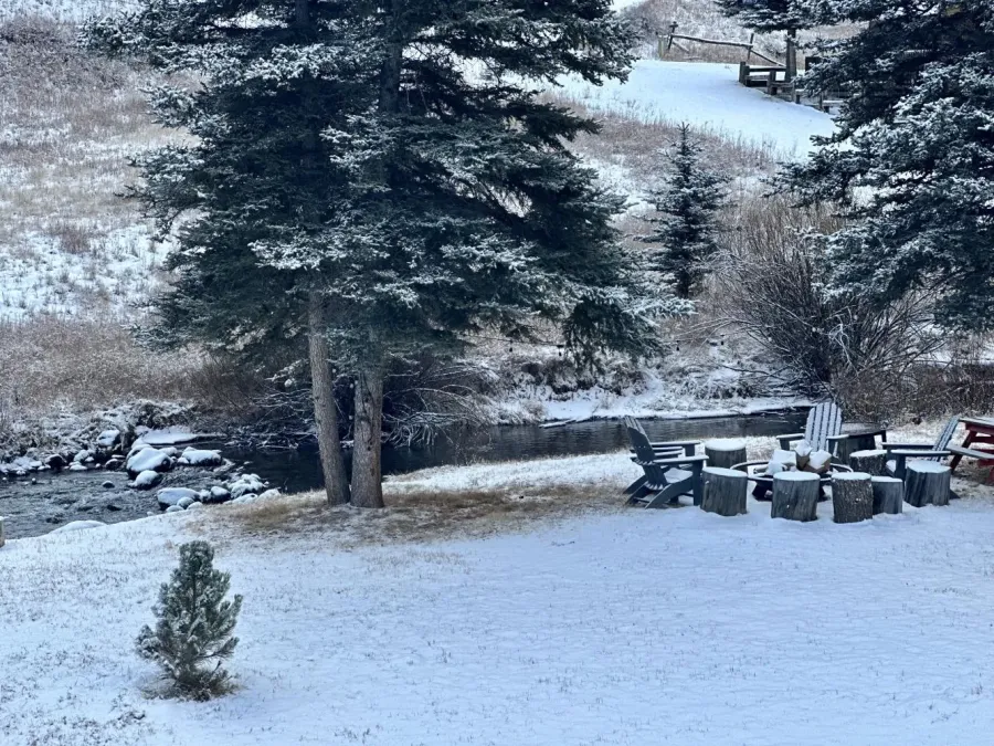 Lawn chairs, tree stumps, and the river for peace and gatherings.